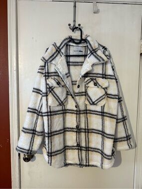 Fashion Nova Cream Plaid Teddy Shacket with Black & Yellow Trim